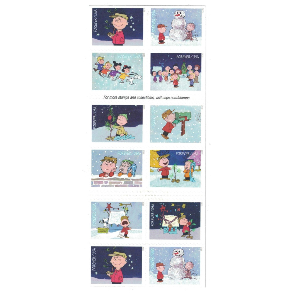 (2015) USPS Charlie Brown Xmas Pane of 20 Forever Postage Stamps