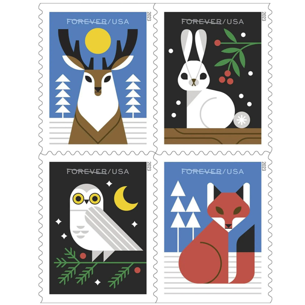 (2023) Winter Woodland Animals Forever Postage Stamps (a Deer, Fox, Rabbit, and Owl)