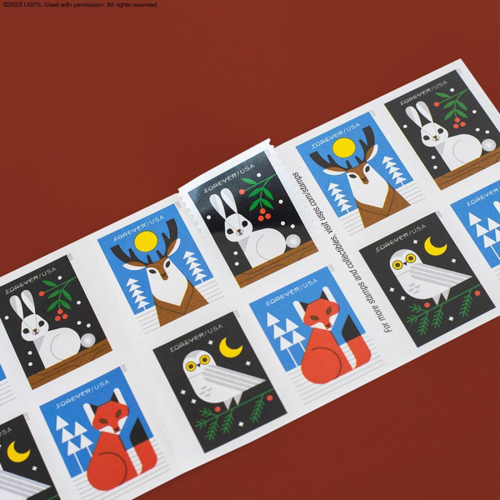 (2023) Winter Woodland Animals Forever Postage Stamps (a Deer, Fox, Rabbit, and Owl)